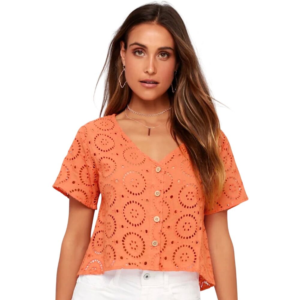 Lulus Eyelet You Love Me Coral Eyelet Button Up Crop Top, Women's Size Medium